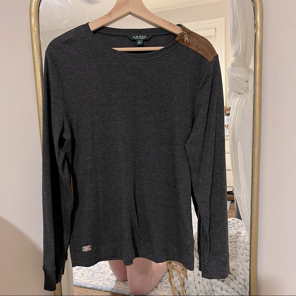 Lauren Ralph Lauren Charcoal Gray Long Sleeve Zipper Shoulder Shirt with Patches
